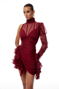 Éléna Burgundy Asymmetrical Ruffled Tulle Mini Dress