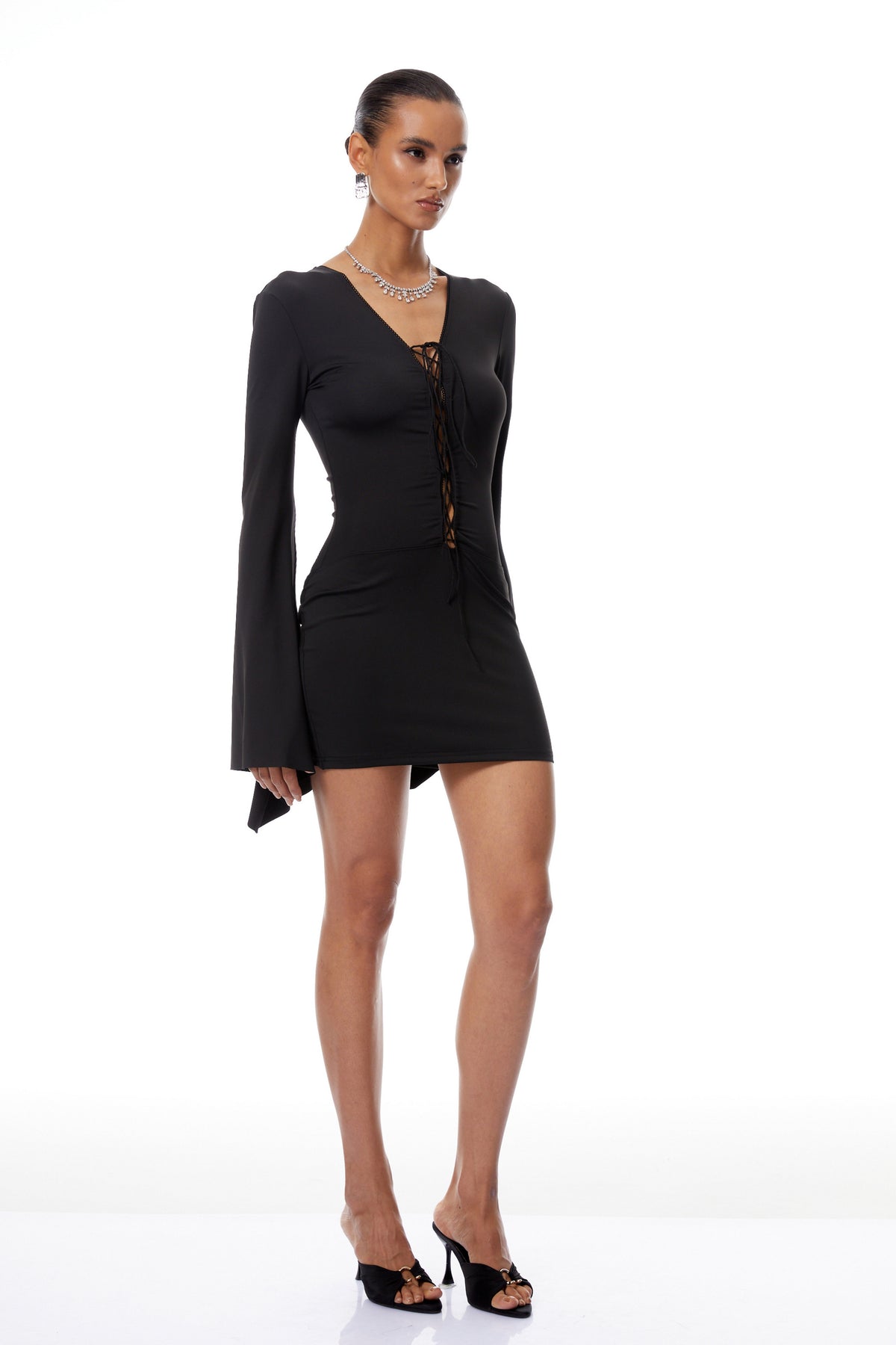 Kinsley Black Bell Sleeve Lace Up Mini Dress
