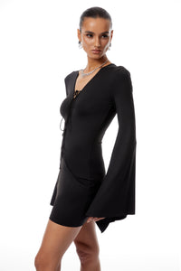Kinsley Black Bell Sleeve Lace Up Mini Dress