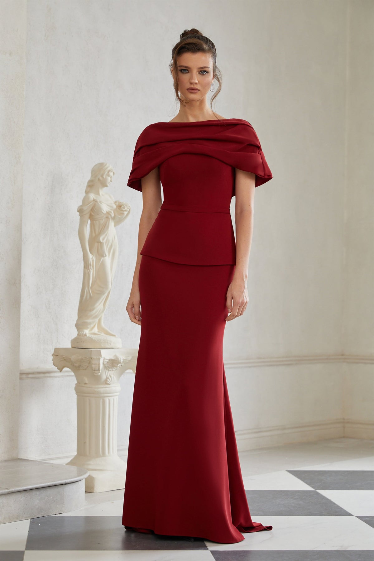 Lauren Red Ruched Shawl Detail Maxi Dress
