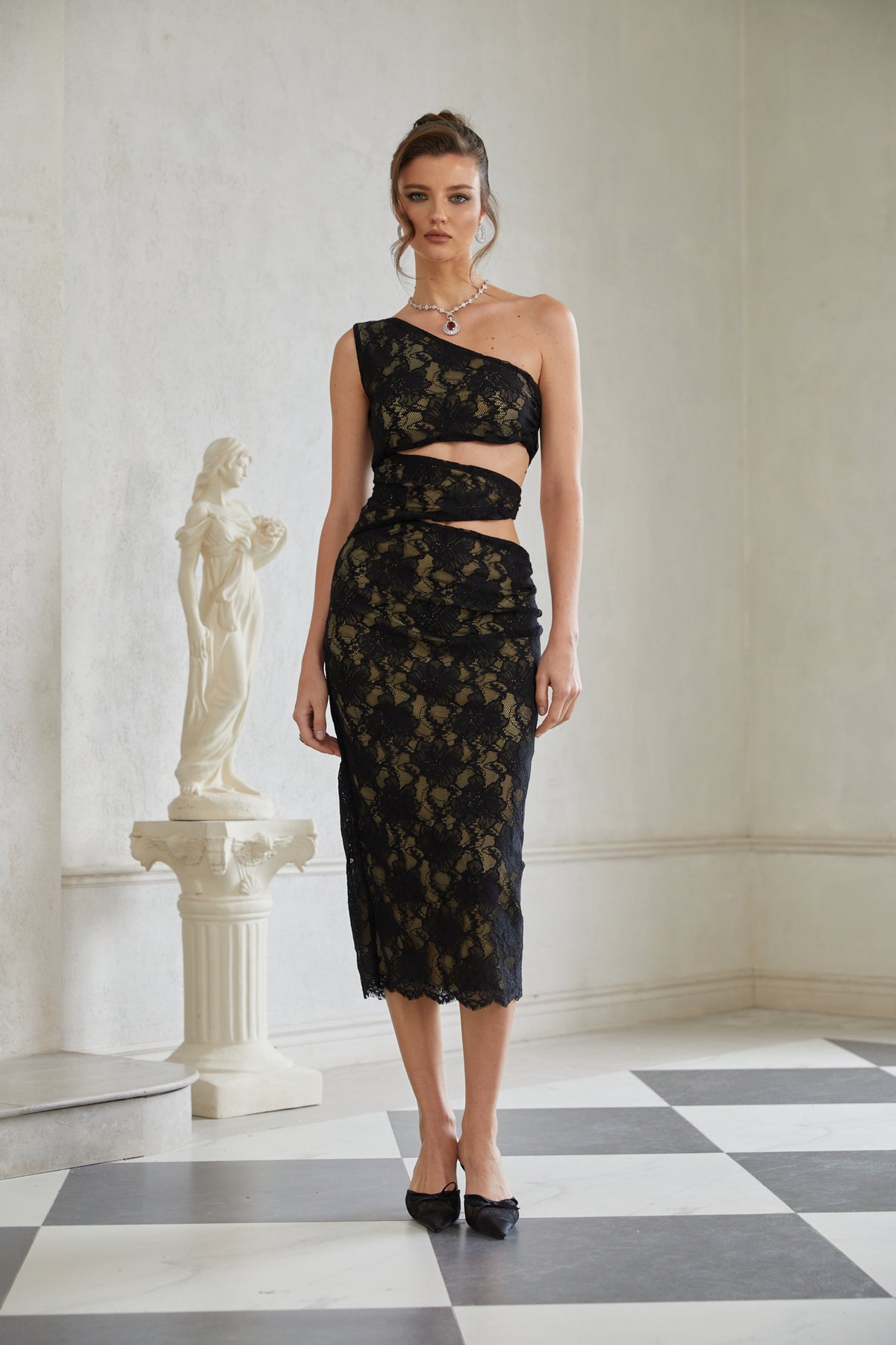 Bianca Black Cut Out Floral Lace Midi Dress