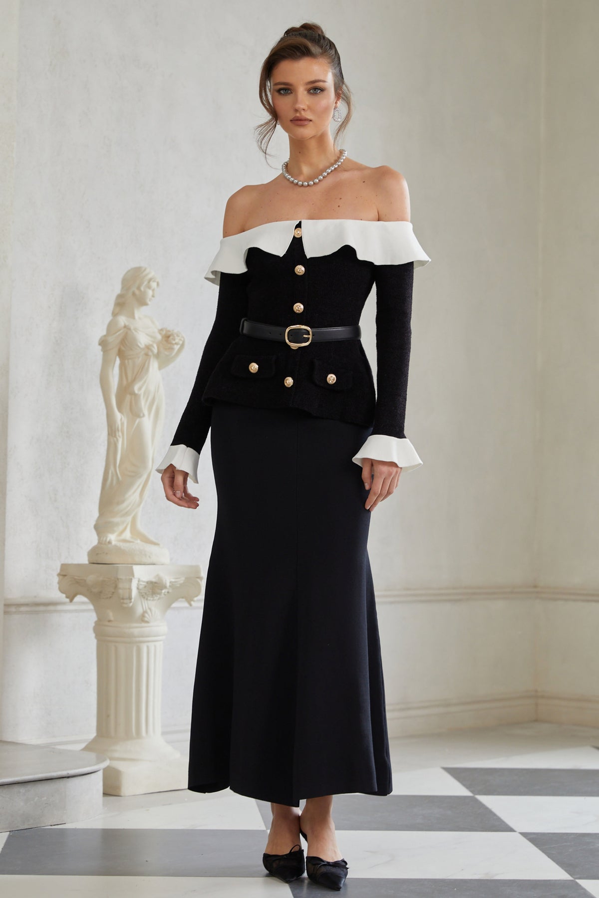 Giorgia Black Ruffled Trim Knit Maxi Dress