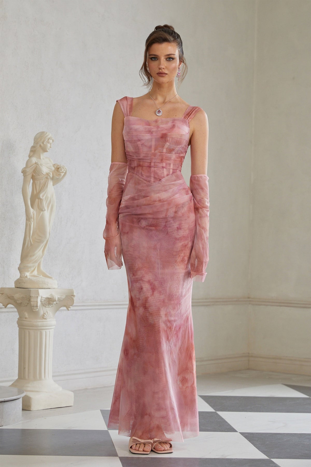 Amélie Pink Ombré Ruched Tulle Maxi Dress (Without Gloves)