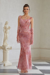 Amélie Pink Ombré Ruched Tulle Maxi Dress (Without Gloves)