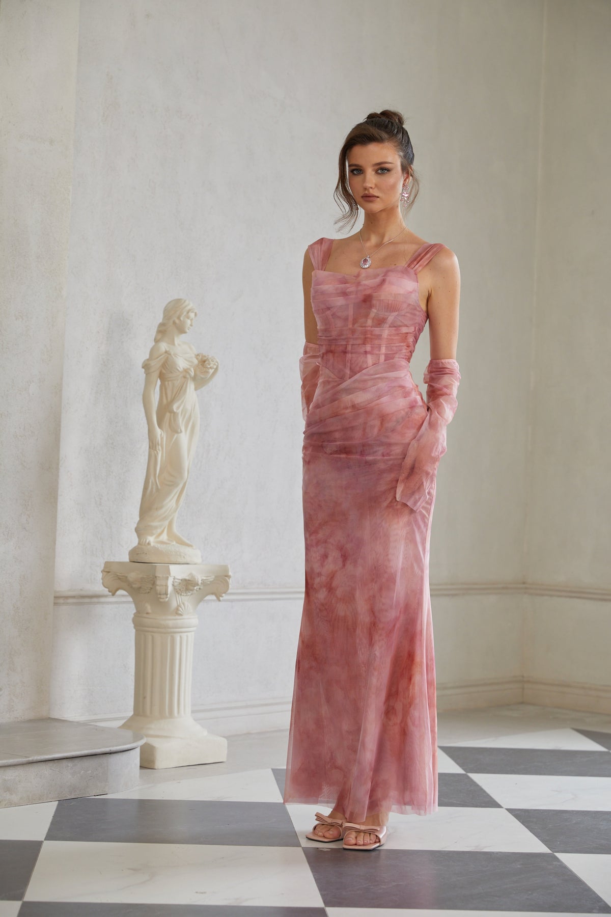 Amélie Pink Ombré Ruched Tulle Maxi Dress (Without Gloves)