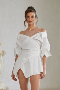 Jamie White Asymmetrical Gathered Mini Shirt Dress