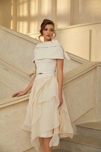 Aria White Asymmetrical Shawl & Tulle Panel Dress Set