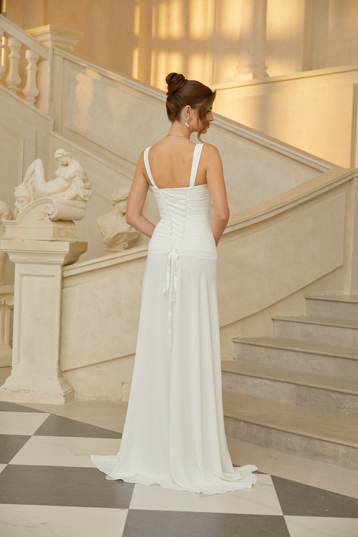 Sidonie White Ruched Lace-up Maxi Dress