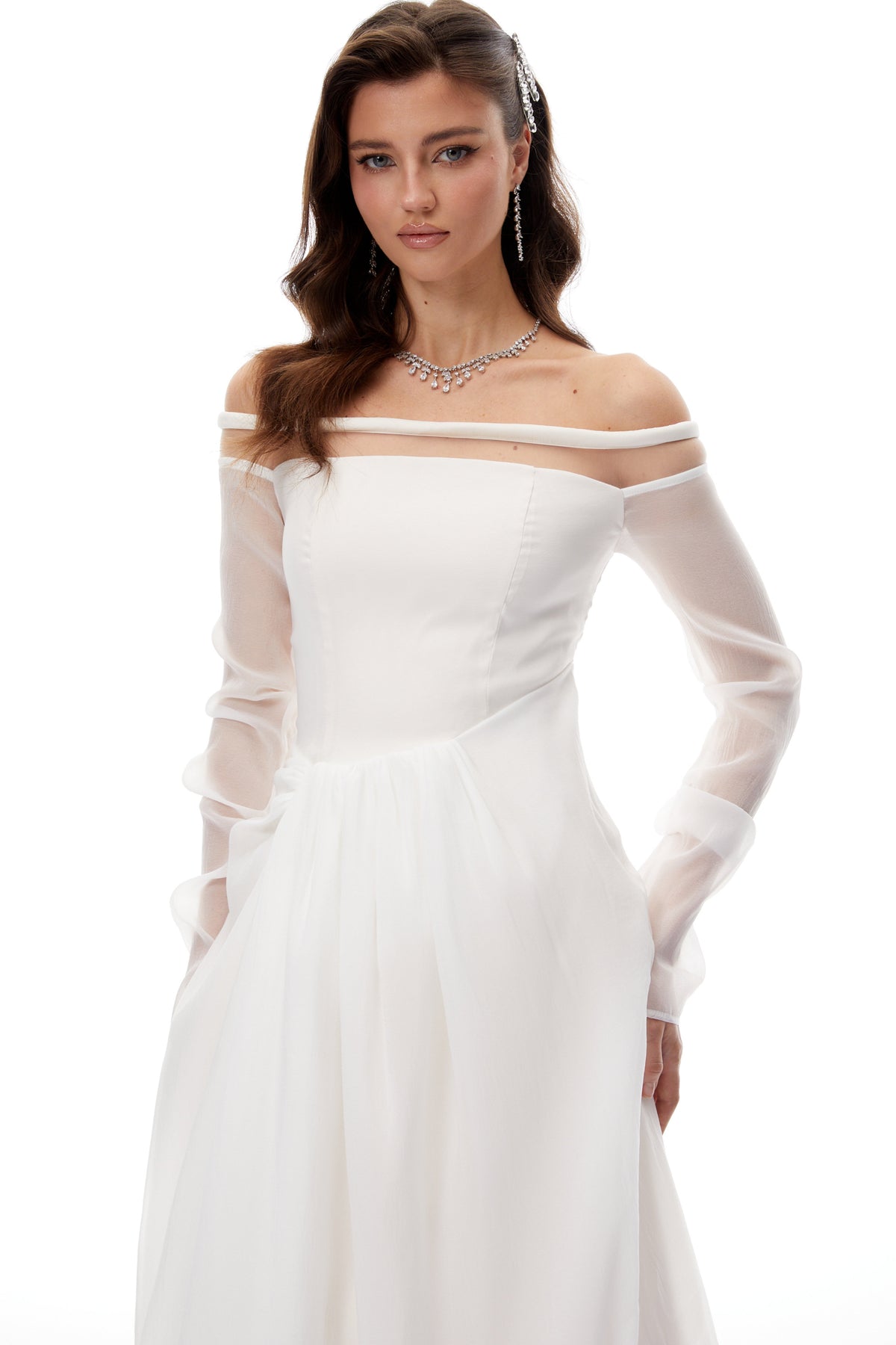 Gelsomina White Gathered Crepe Midi Dress