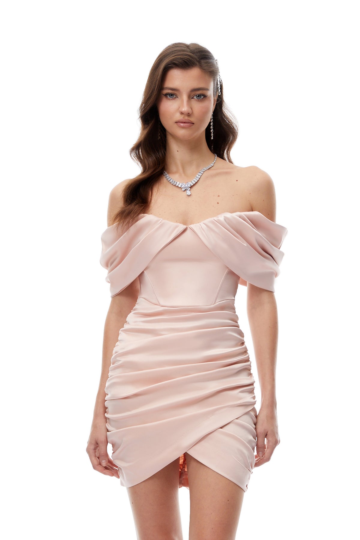Lindsay Pink Off Shoulder Ruched Satin Mini Dress