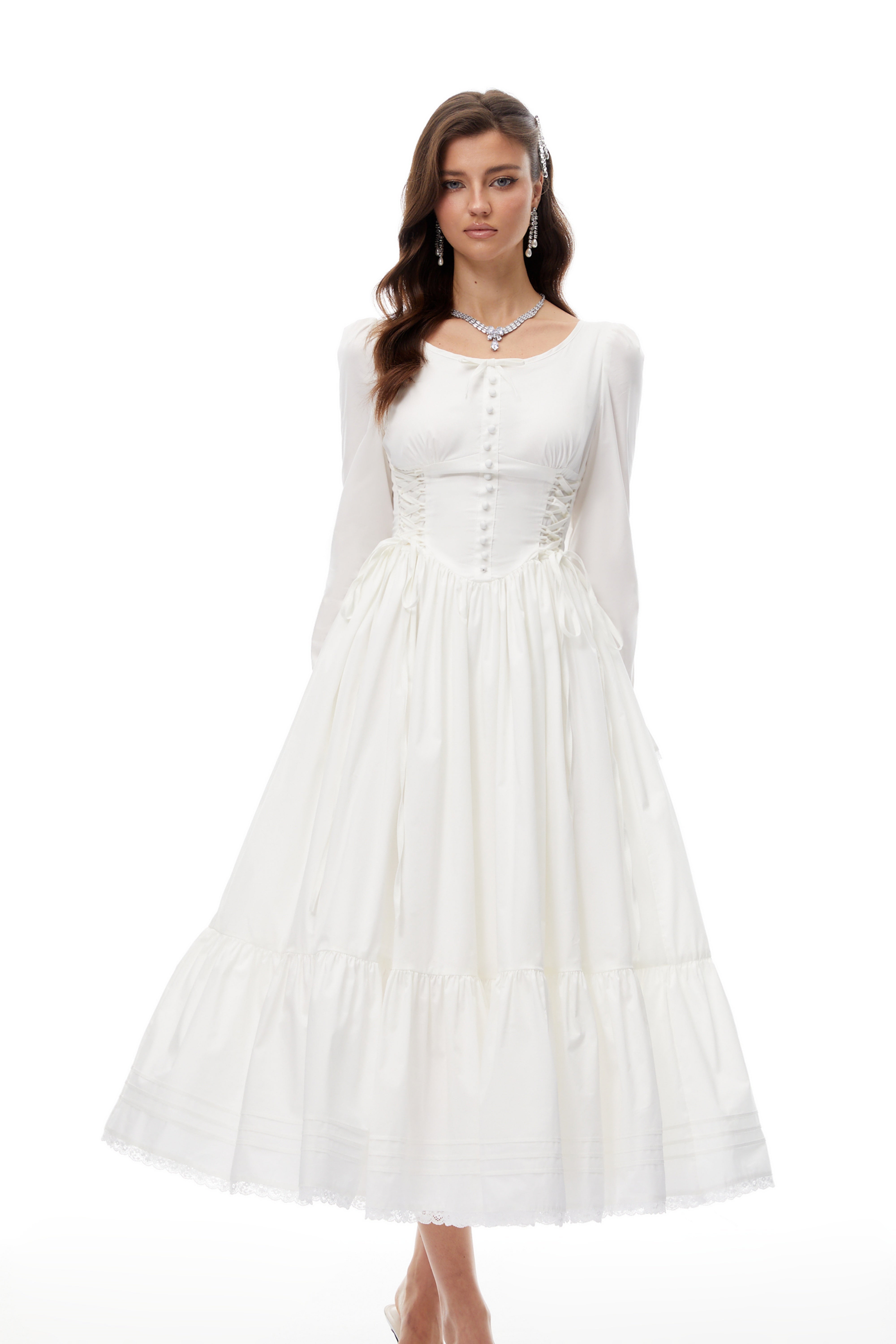 Brandy White Lace Up Shirred Midi Dress
