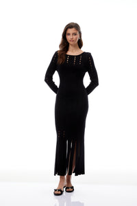 Ylva Black Cut Out Fringed Knit Midi Dress