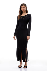 Ylva Black Cut Out Fringed Knit Midi Dress