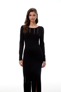 Ylva Black Cut Out Fringed Knit Midi Dress