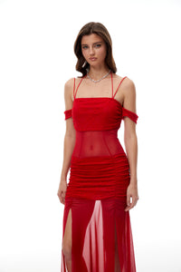 Tiril Red Ruched Lace Panel Meah Midi Dress