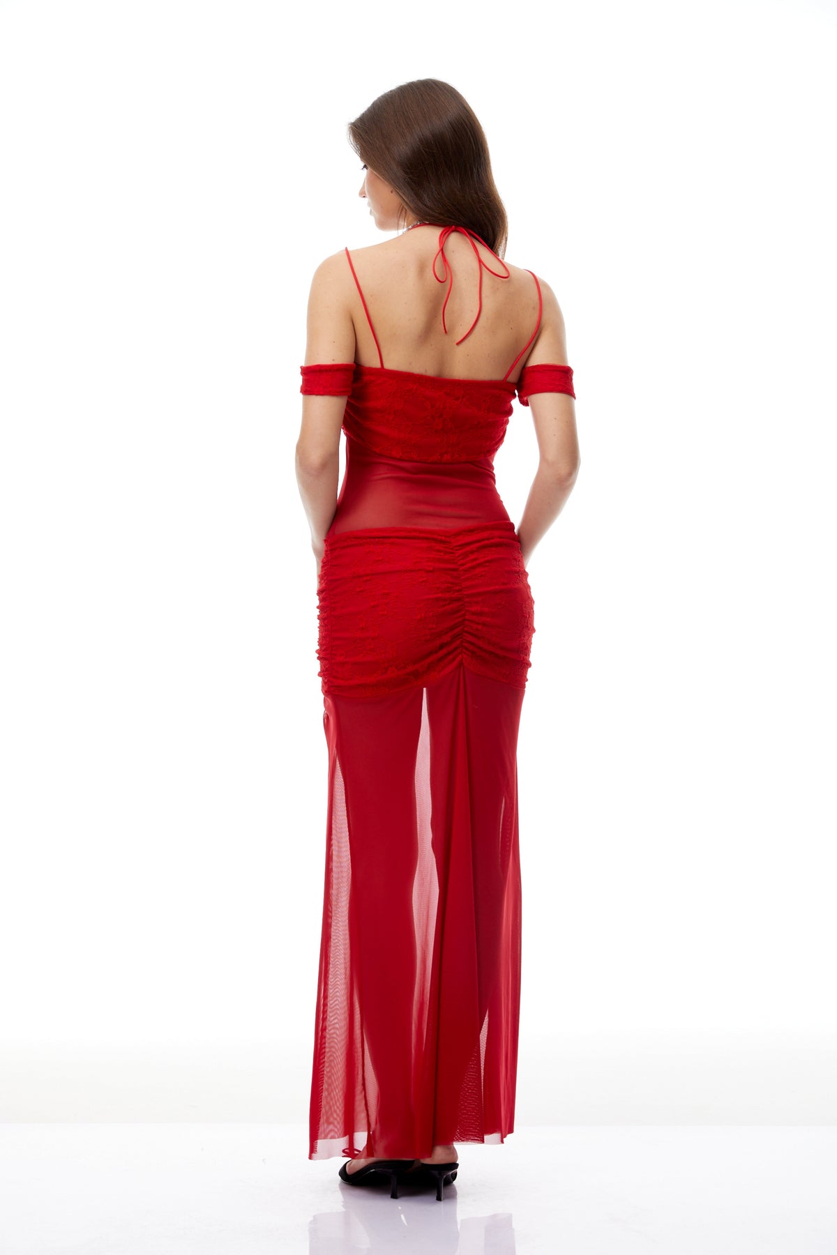 Tiril Red Ruched Lace Panel Meah Midi Dress