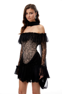 Erling Black Sequined Floral Lace Mini Dress