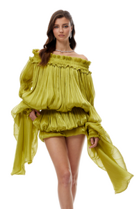 Marcia Green Off Shoulder Shirred Glossy Mini Dress