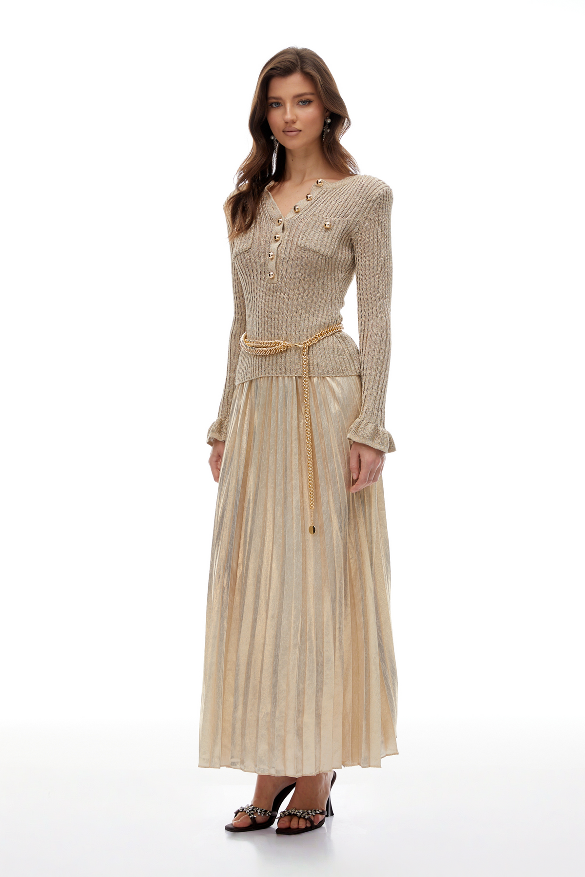 Hermosa Gold Metallic Knit Pleated Maxi Dress