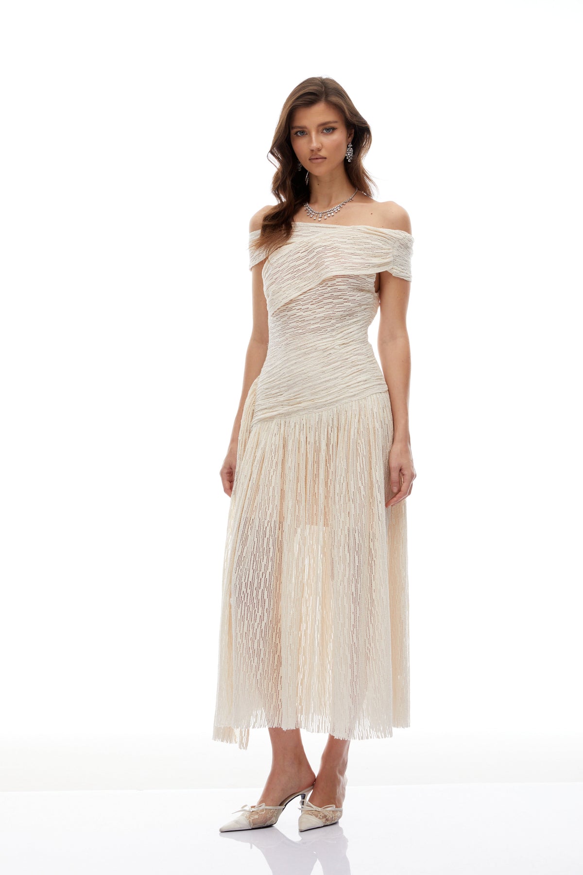 Thale Neutral Asymmetrical Textured Ruched Midi Dress