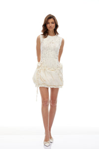 Svein Neutral Pleated Floral Lace Mini Dress
