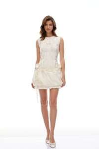 Svein Neutral Pleated Floral Lace Mini Dress
