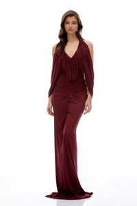 Eléa Red Cold Shoulder Draped Maxi Dress