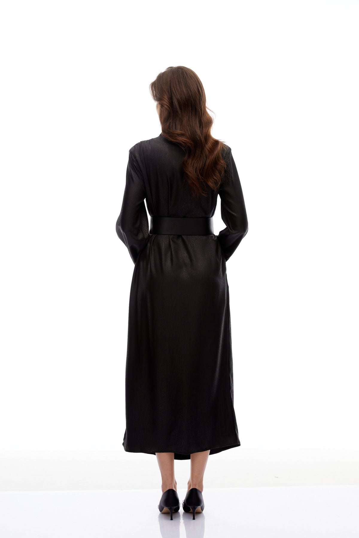 Frederica Black Belted Textured Leather Coat