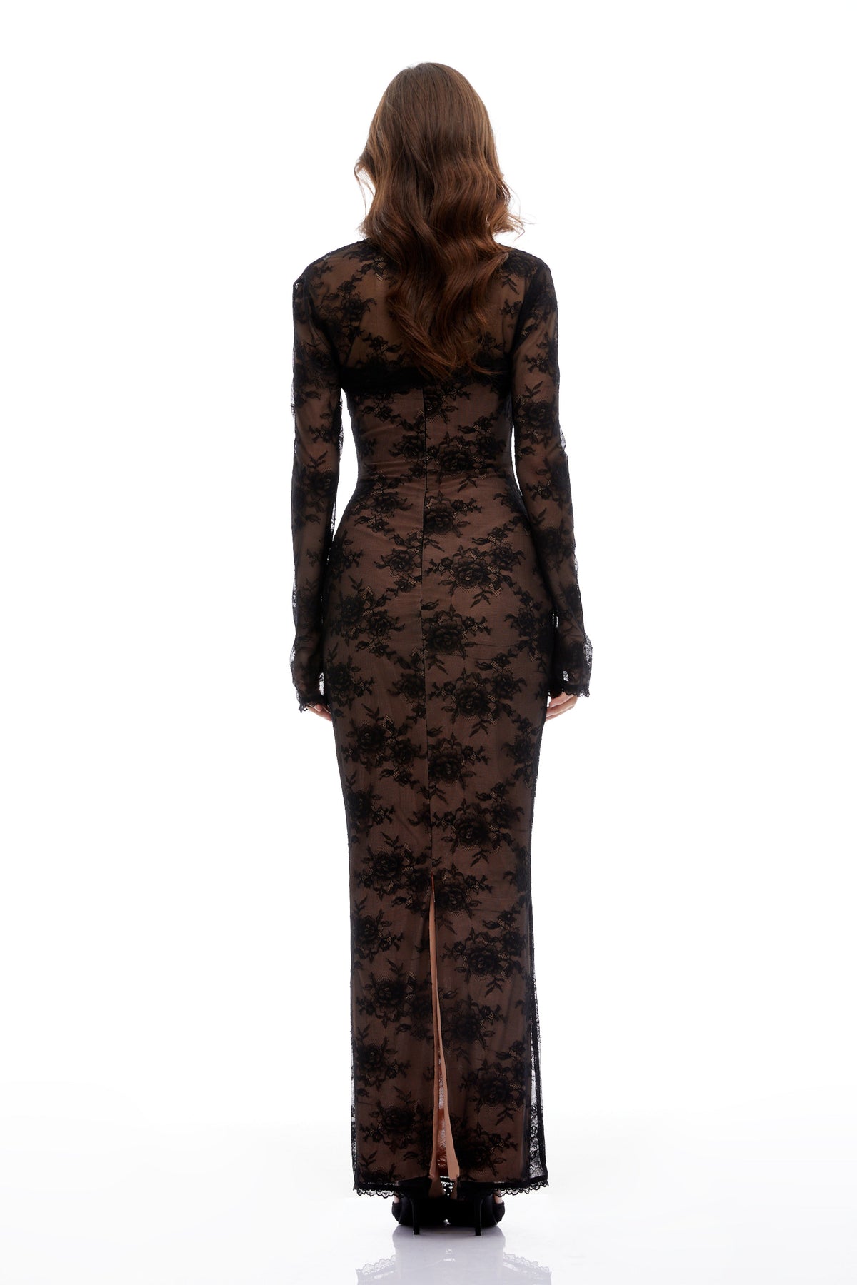 Freya Black Floral Lace Ruched Maxi Dress