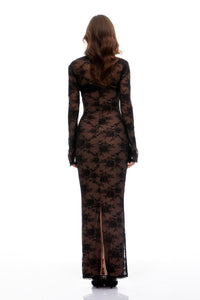 Freya Black Floral Lace Ruched Maxi Dress