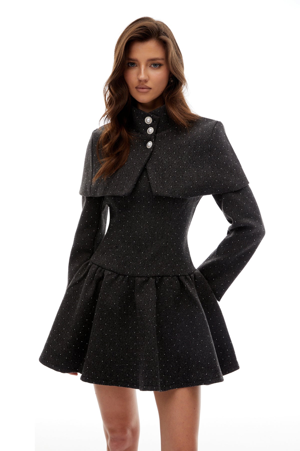 Indira Grey Polka Dot Woolen Cape & Dress Set