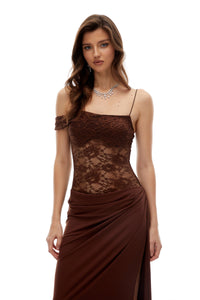 Sunniva Brown Lace Panel Asymmetrical Maxi Dress