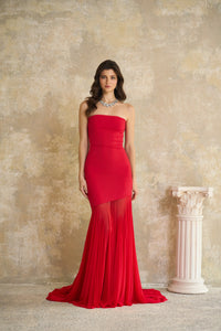 Josiane Red Off-shoulder Sheer Tulle Maxi Dress