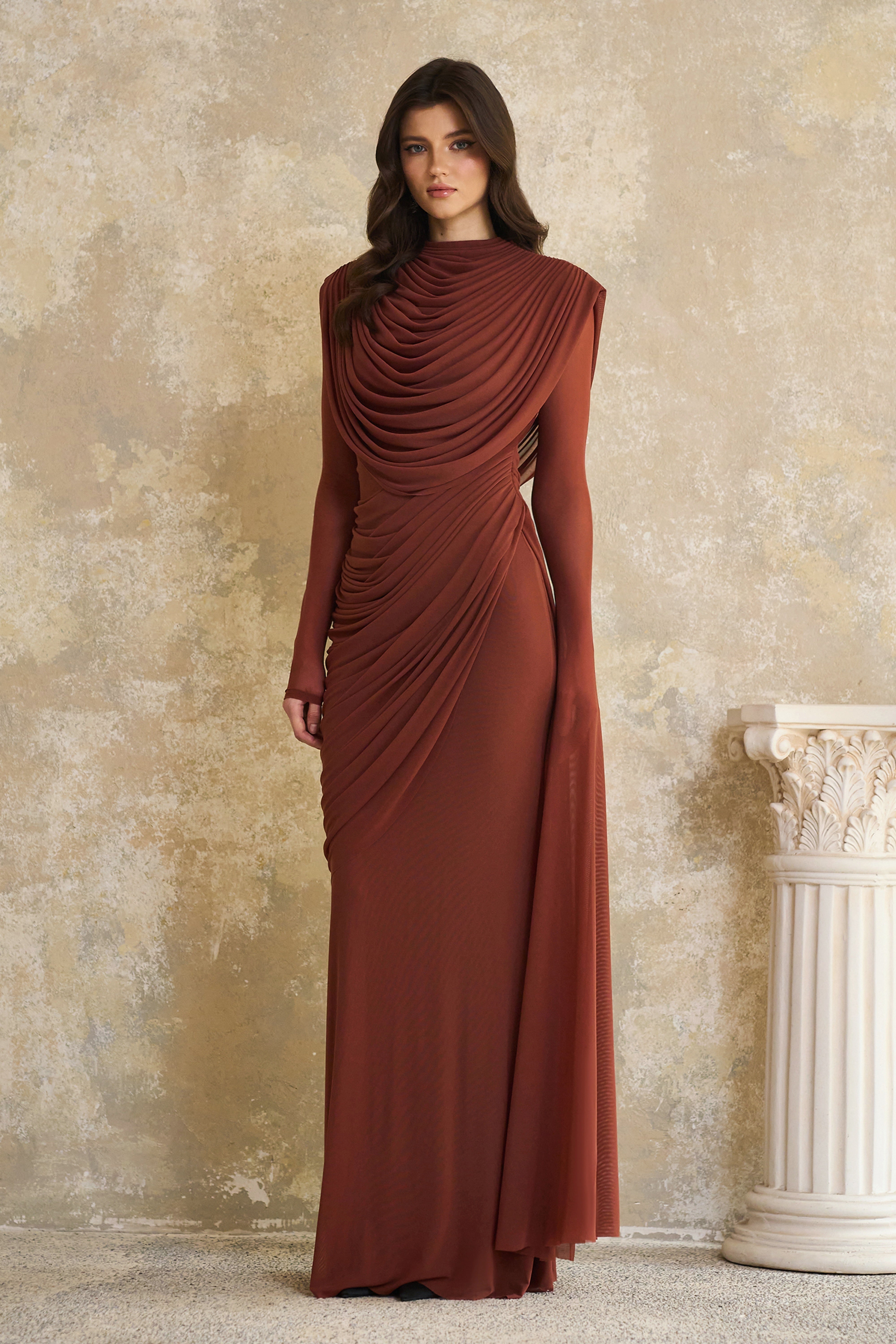 Danaé Brown Shirred-effect Draped Maxi Dress