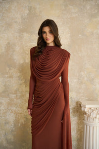 Danaé Brown Shirred-effect Draped Maxi Dress