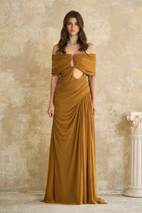 Ludivine Ocher Off-shoulder Cut-out Ruched Maxi Dress