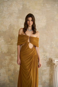 Ludivine Ocher Off-shoulder Cut-out Ruched Maxi Dress