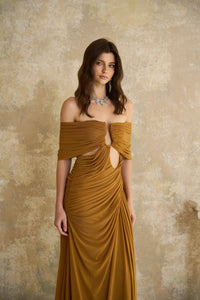 Ludivine Ocher Off-shoulder Cut-out Ruched Maxi Dress