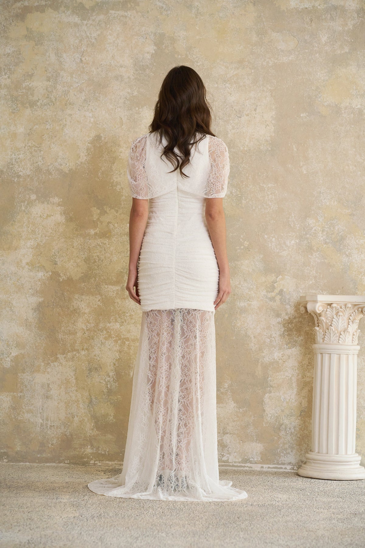 Sylphe White Asymmetrical Ruched Lace Maxi Dress