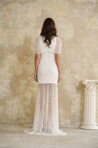 Sylphe White Asymmetrical Ruched Lace Maxi Dress