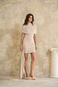 Gaëlle Neutrals Cape-design Ruched Fitted Mini Dress
