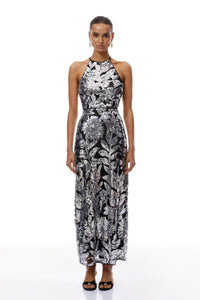 Alma Silver Floral Sequin Mesh Maxi Dress