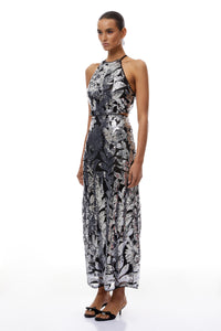 Alma Silver Floral Sequin Mesh Maxi Dress