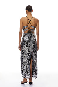 Alma Silver Floral Sequin Mesh Maxi Dress