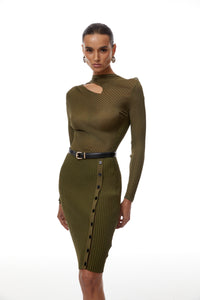 Lucie Green Ribbed Knit Bodycon Midi Dress