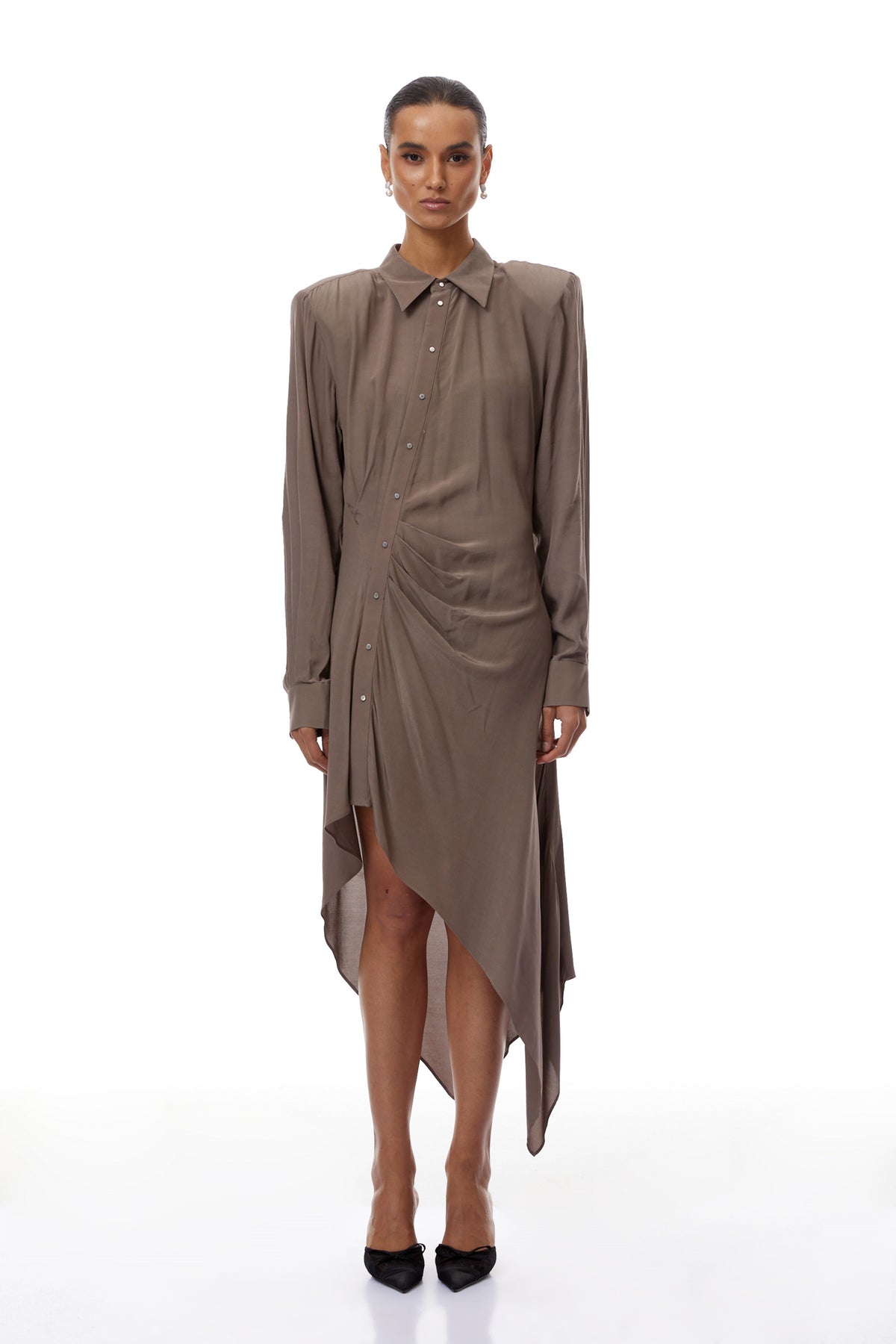 Roberta Brown Ruched Asymmetrical Midi Dress