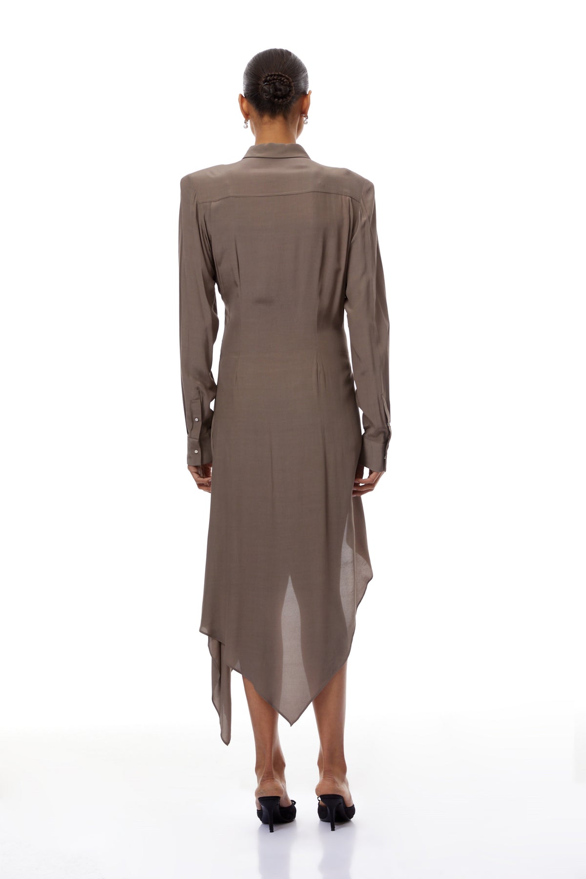 Roberta Brown Ruched Asymmetrical Midi Dress