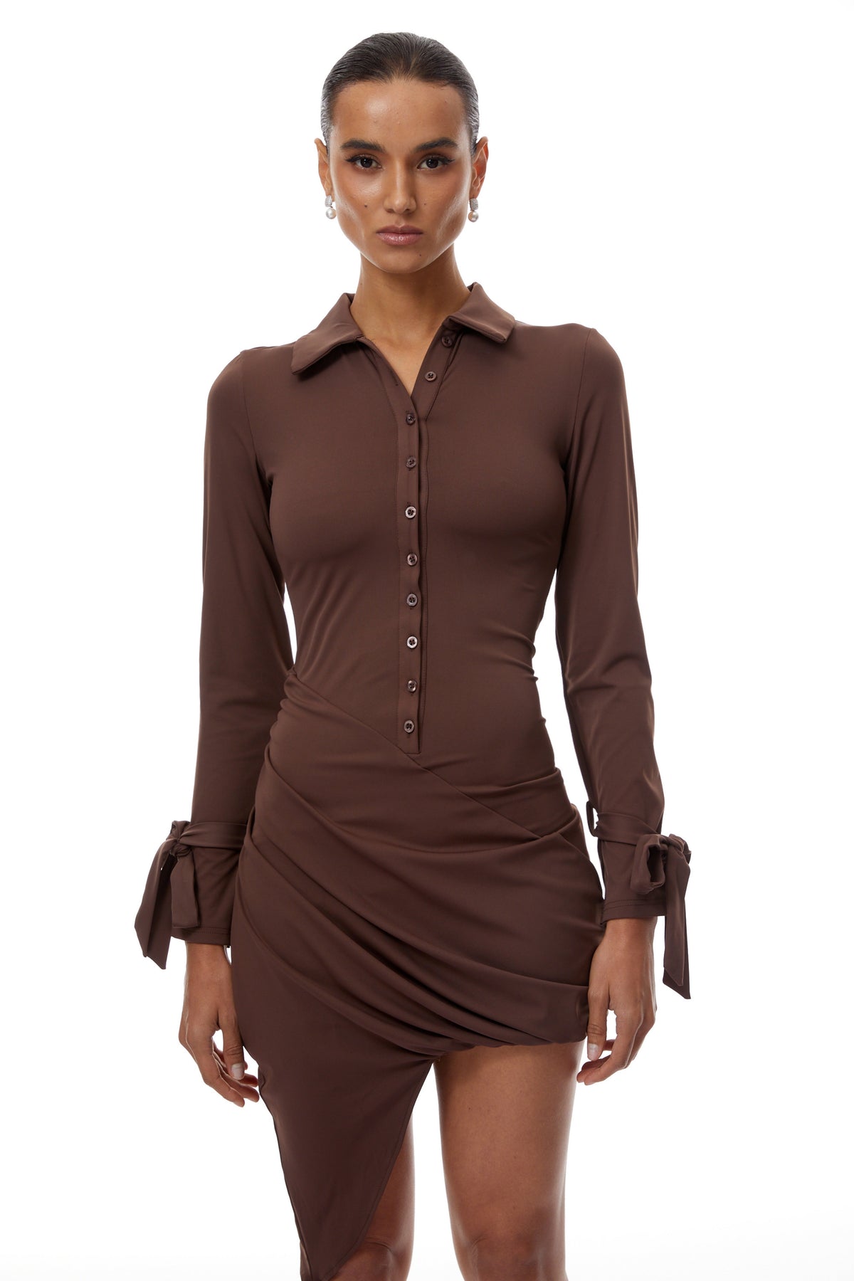 Elena Brown Aymmetrical Ruched Mini Dress