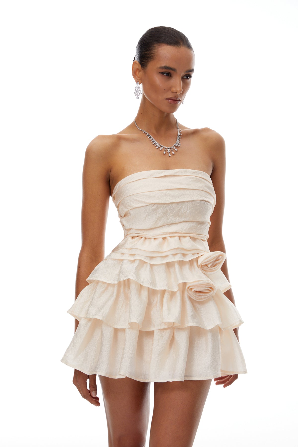 Vilja Neutral Ruffled Detail Tiered Mini Dress