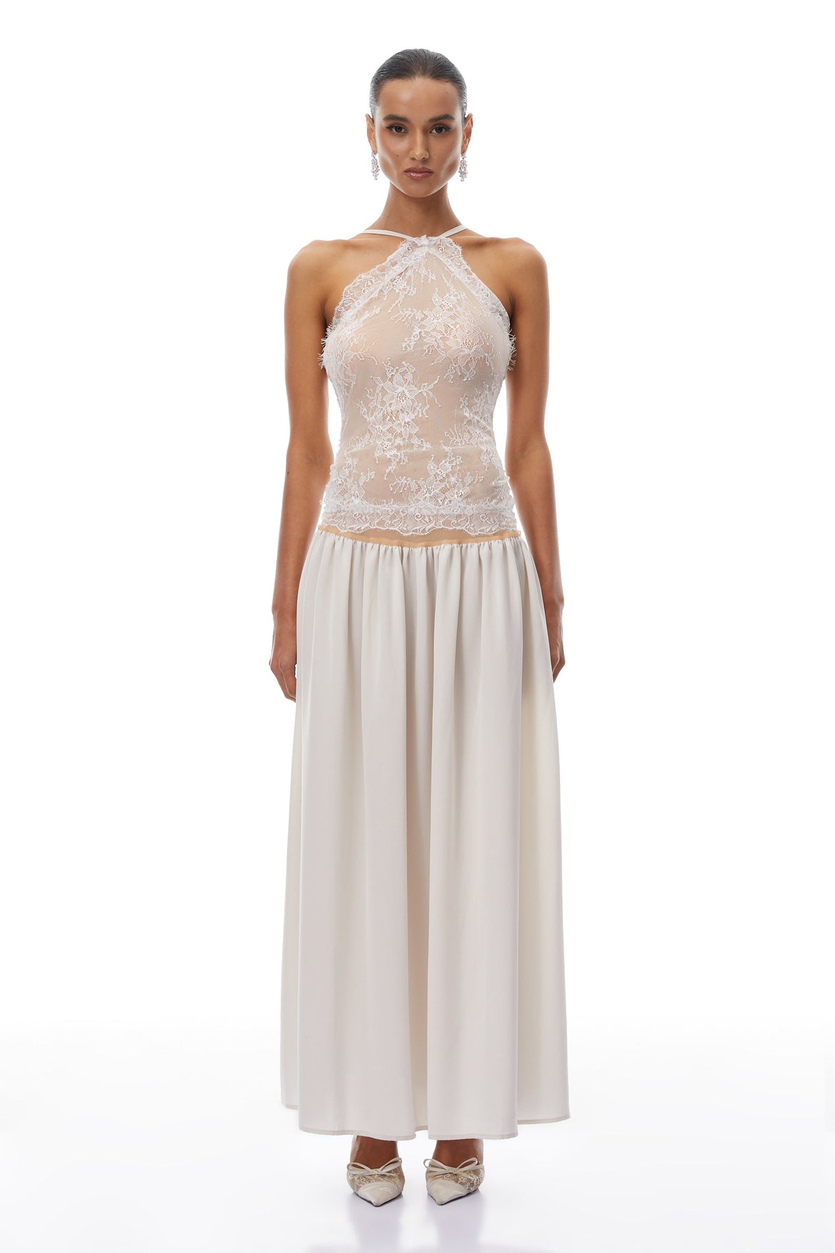 Reine White Pleated Maxi Dress with Lace Panels